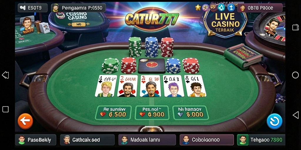 Screenshot gameplay CATUR777 menampilkan dealer langsung dan suasana kasino yang megah.