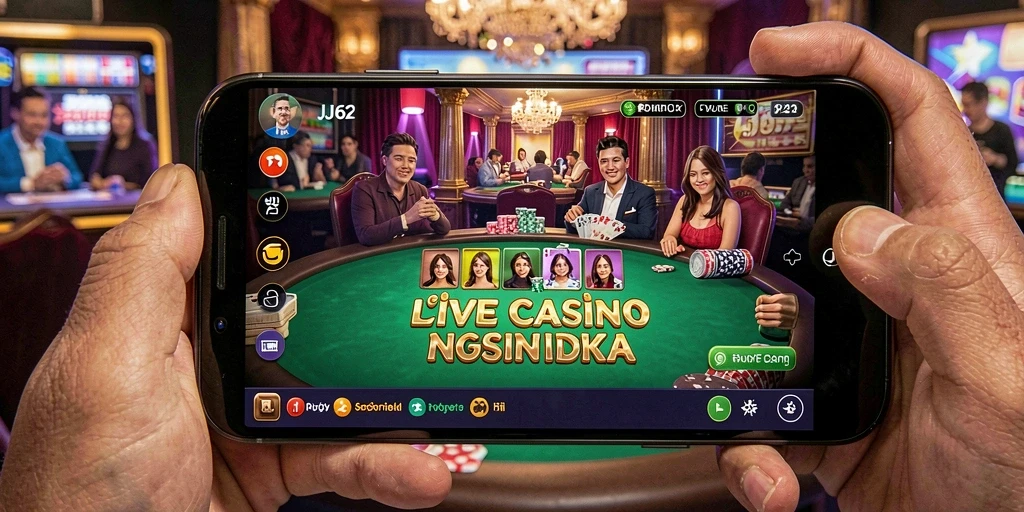 Screenshot gameplay Live Casino JJ62 yang menampilkan dealer dan meja permainan.