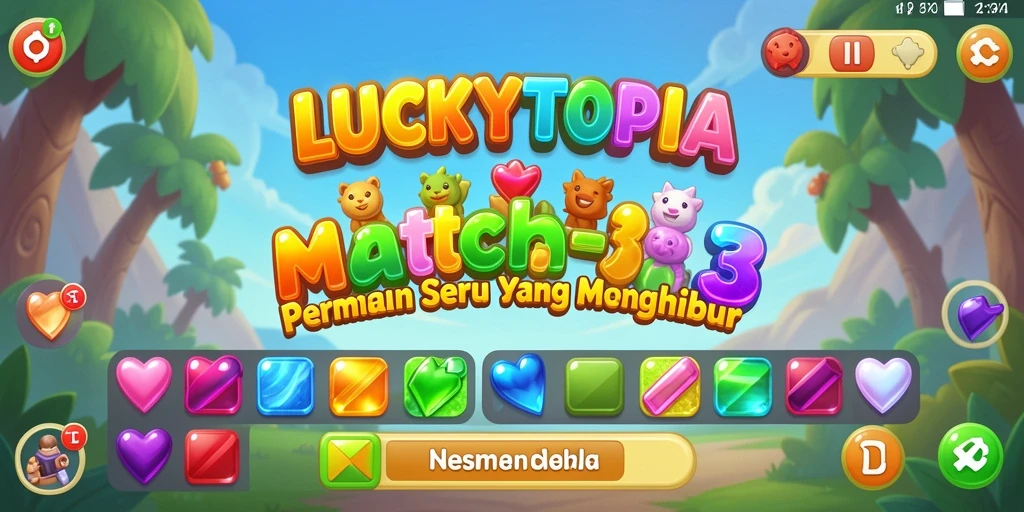 Screenshot LUCKYTOPIA menampilkan aksi seru permainan Match-3 yang penuh warna.