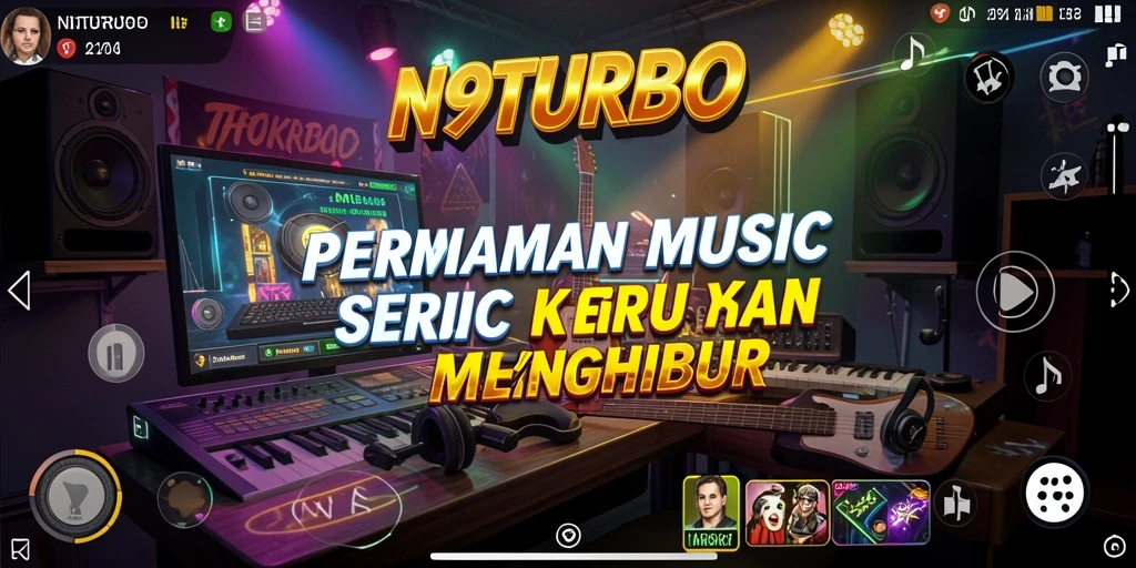 Tampilan gameplay N9TURBO dengan berbagai lagu dan tantangan musik.