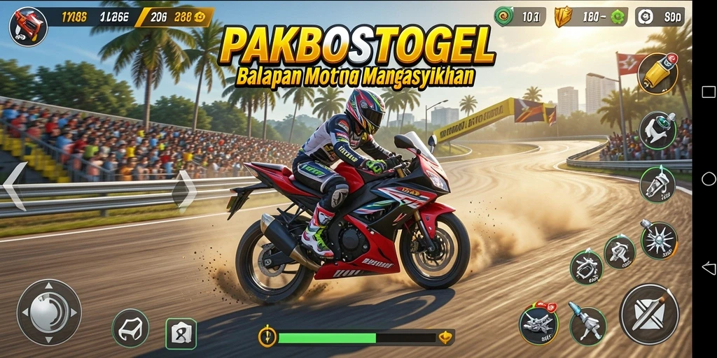 Tampilan gameplay menarik dari PAKBOSTOGEL dengan balapan motor yang cepat.