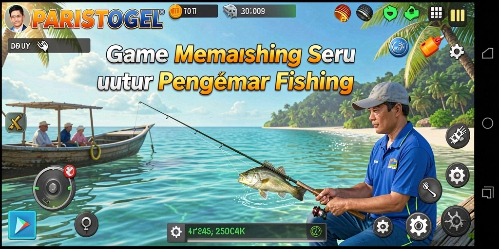 Screenshot gameplay PARISTOGEL menampilkan aksi seru saat memancing.