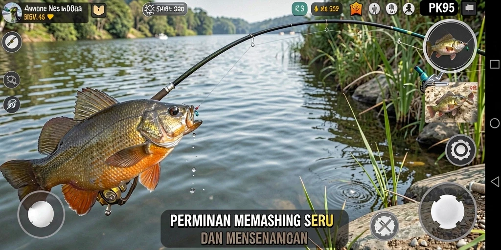 Tampilan gameplay PK95 menampilkan momen menegangkan saat memancing ikan besar.