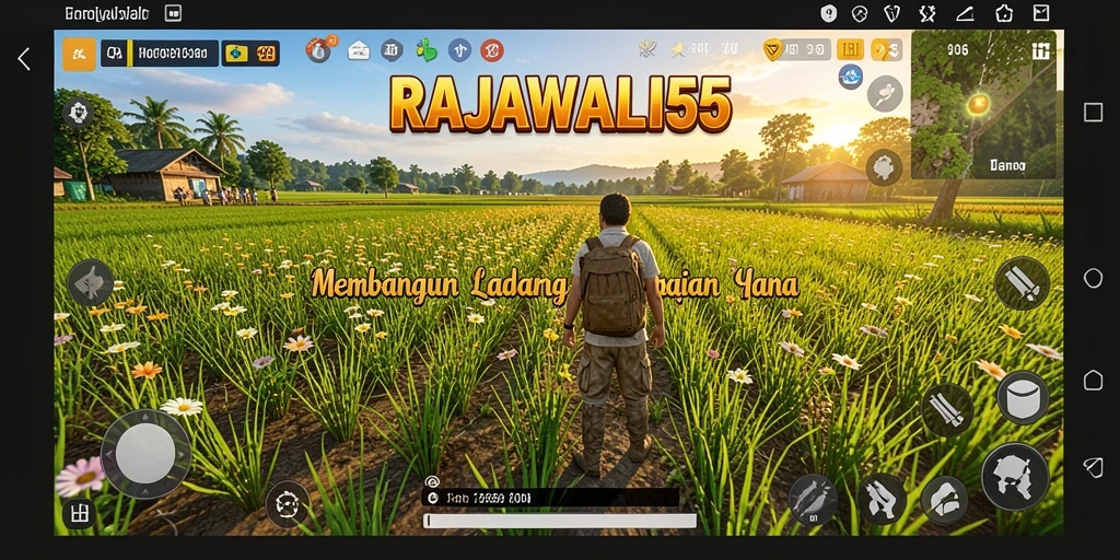 Screenshot gameplay RAJAWALI55 yang menampilkan keindahan ladang dan tanaman.