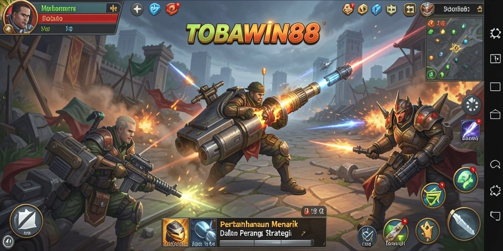 Screenshot gameplay <strong>TOBAWIN88</strong> dengan aksi pertahanan yang mendebarkan.
