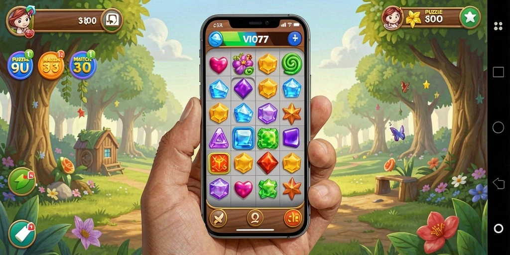Tampilan gameplay VIO77 dengan berbagai kombinasi Match-3 yang menarik.